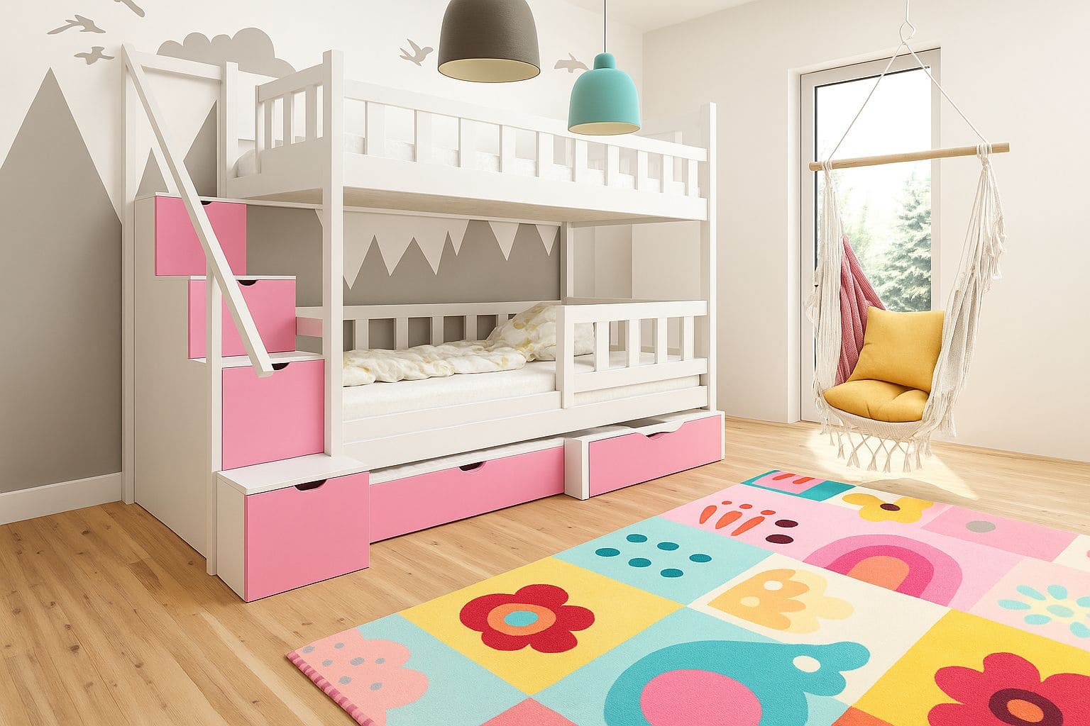 Etagenbett für Kinder mit Treppe und Stauraum – weißes Holzbett mit blauen Fronten und Schubladen.