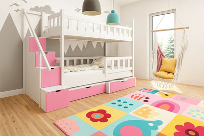 Etagenbett für Kinder mit Treppe und Stauraum – weißes Holzbett mit blauen Fronten und Schubladen.