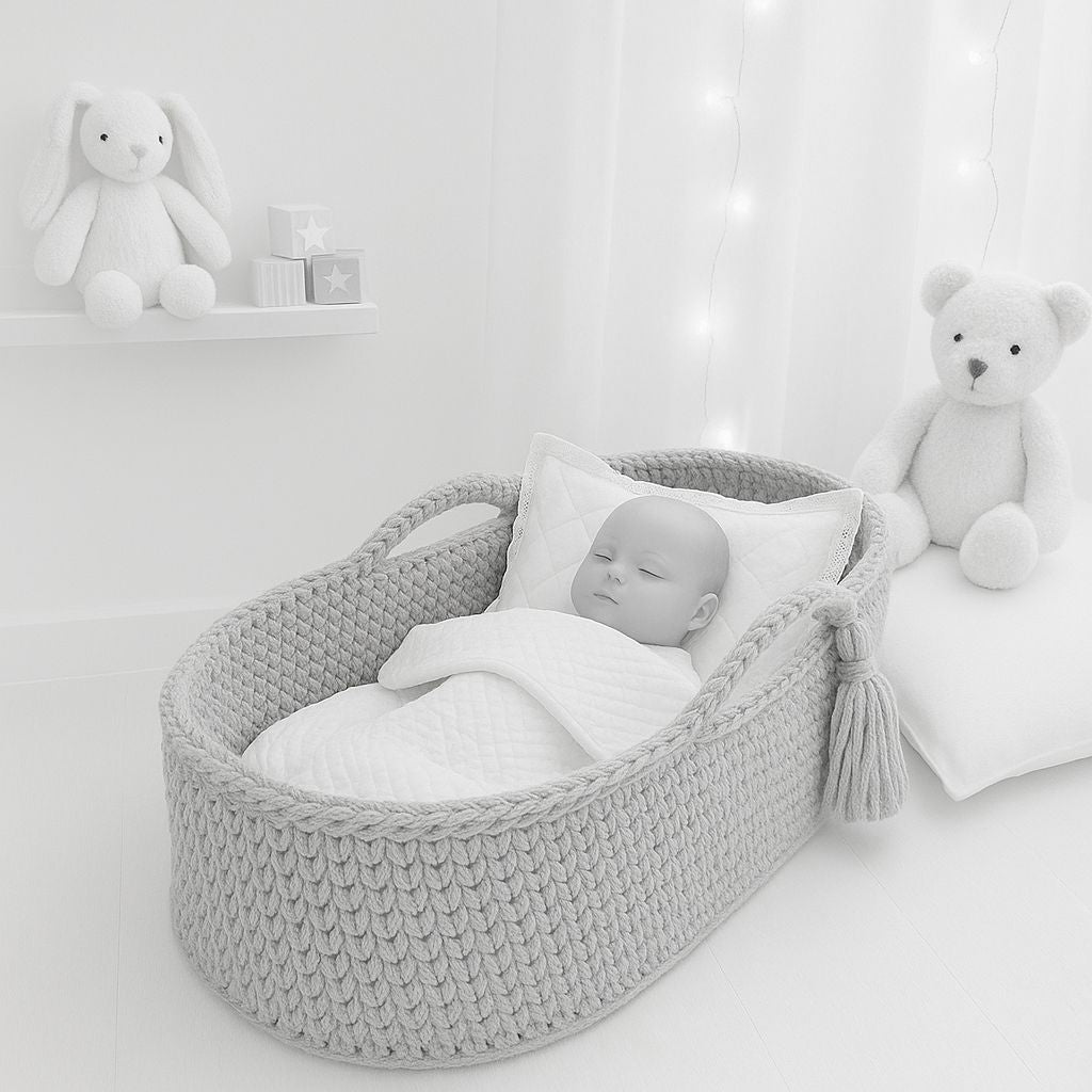 Handgefertigter Baumwoll-Moseskorb für Neugeborene in Grau