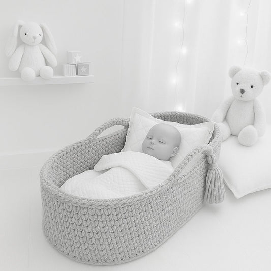 Handgefertigter Baumwoll-Moseskorb für Neugeborene in Grau