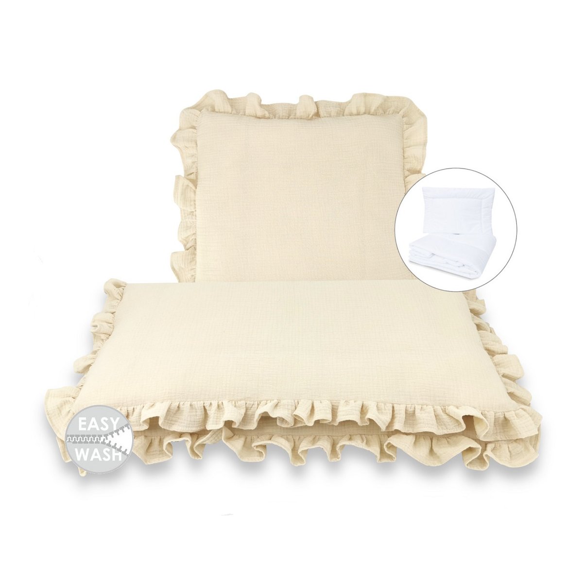Musselin Bettset Beige fuer Babybett mit Kissen und Decke