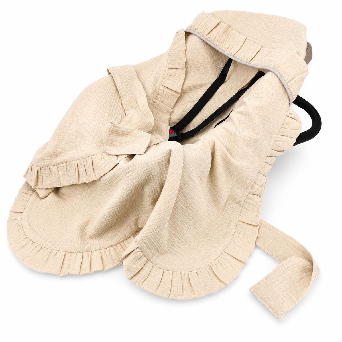 Musselin Einschlagdecke mit Kapuze und Rüschen für Babyschale in Beige
