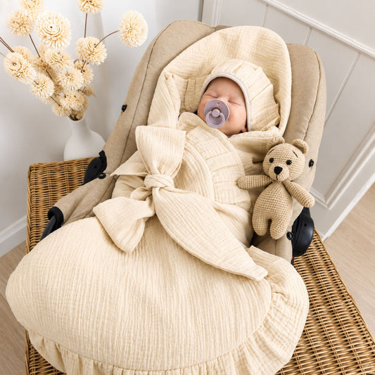 Beige Musselin Einschlagdecke mit Kapuze für Babyschale und Kinderwagen