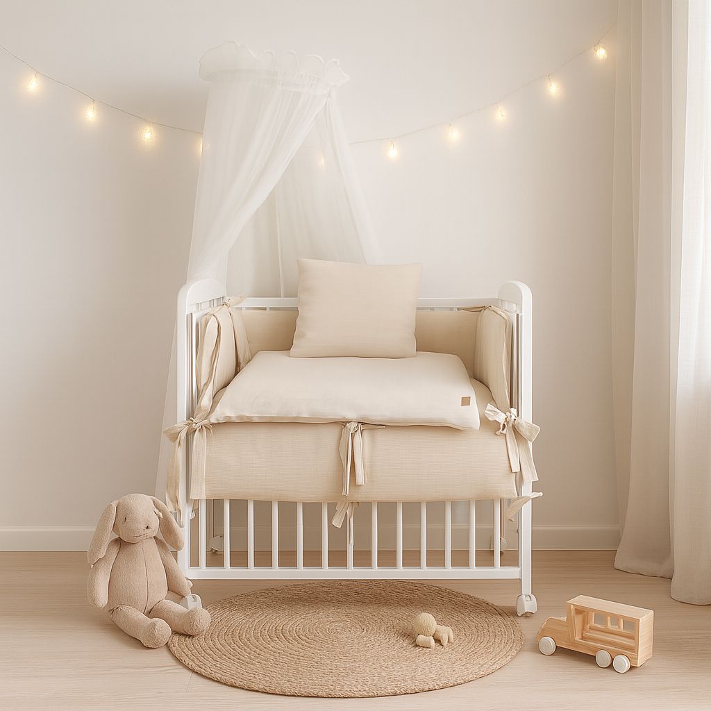 Modernes Beistellbett in Beige mit Himmel und Bettwäsche – Babyhafen Sweater Soft