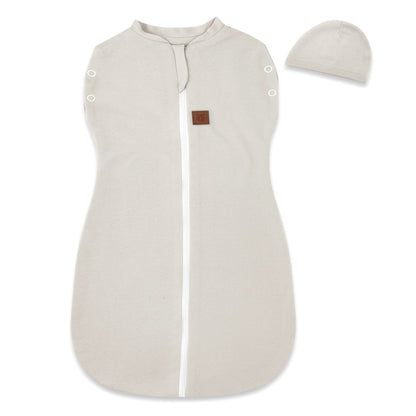 2in1 Baby Puckschlafsack aus Baumwolle mit Reißverschluss und Mütze in Beige