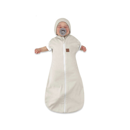 Baby Puckschlafsack 2in1 aus Baumwolle mit Reißverschluss und Mütze, beige