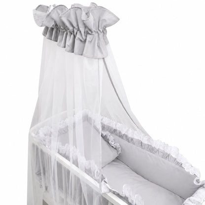 Detailansicht des Baldachins und Nestchens im 3in1 Beistellbett Royal Grau mit Spitzenverzierung