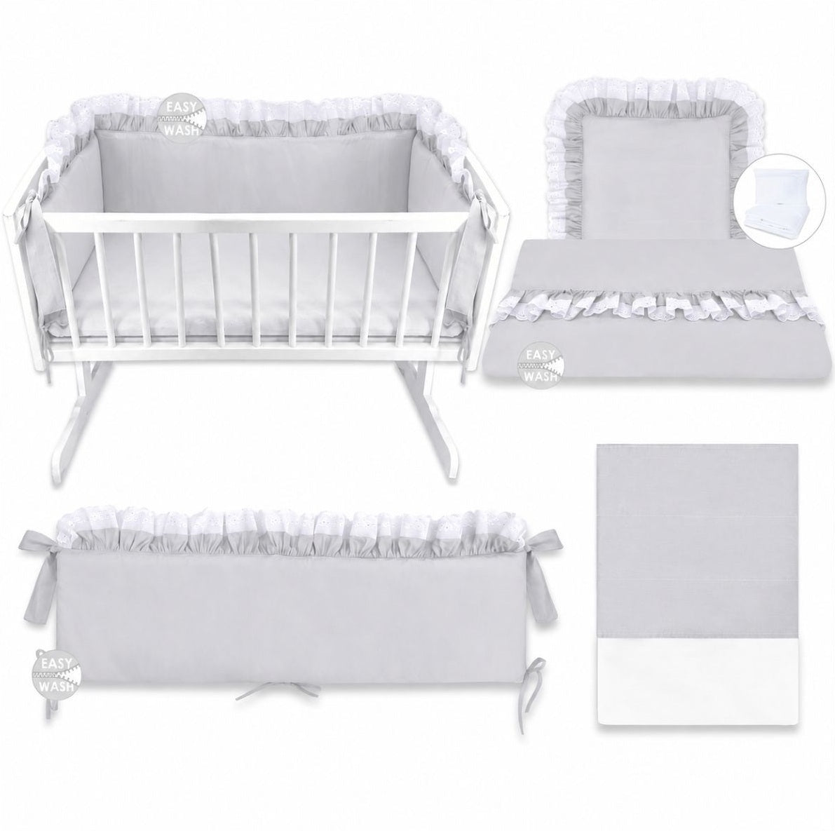 Hellgraue Babywiege 90x40 cm mit Nestchen und Spitzenbesatz