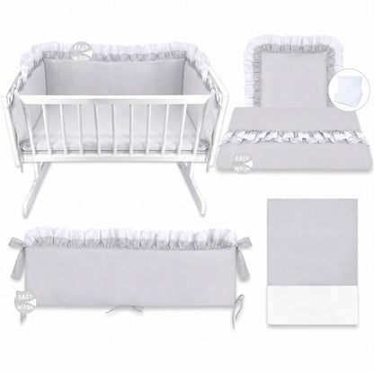Hellgraue Babywiege 90x40 cm mit Nestchen und Spitzenbesatz