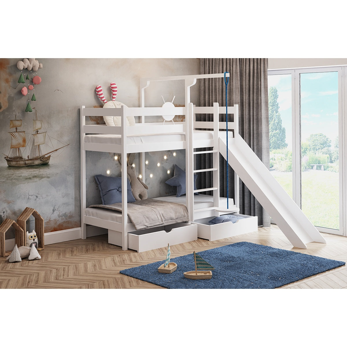 Etagenbett Spassinsel Abenteuer 200x90 mit Rutsche, ohne Treppe & Stauraum aus Massivholz