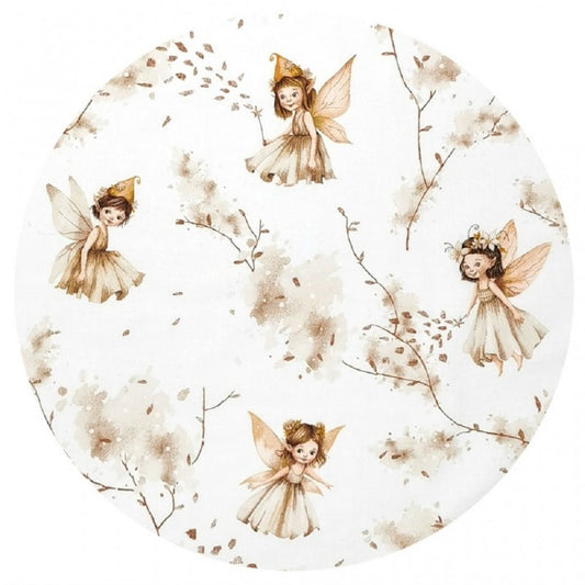Stoffmuster „Fee“ in Beige – Feen und Blüten, passender Print zur Baby-Einschlagdecke
