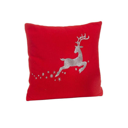 Weihnachtskissen rot mit silberner Rentier Stickerei und Schneeflockenmotiv