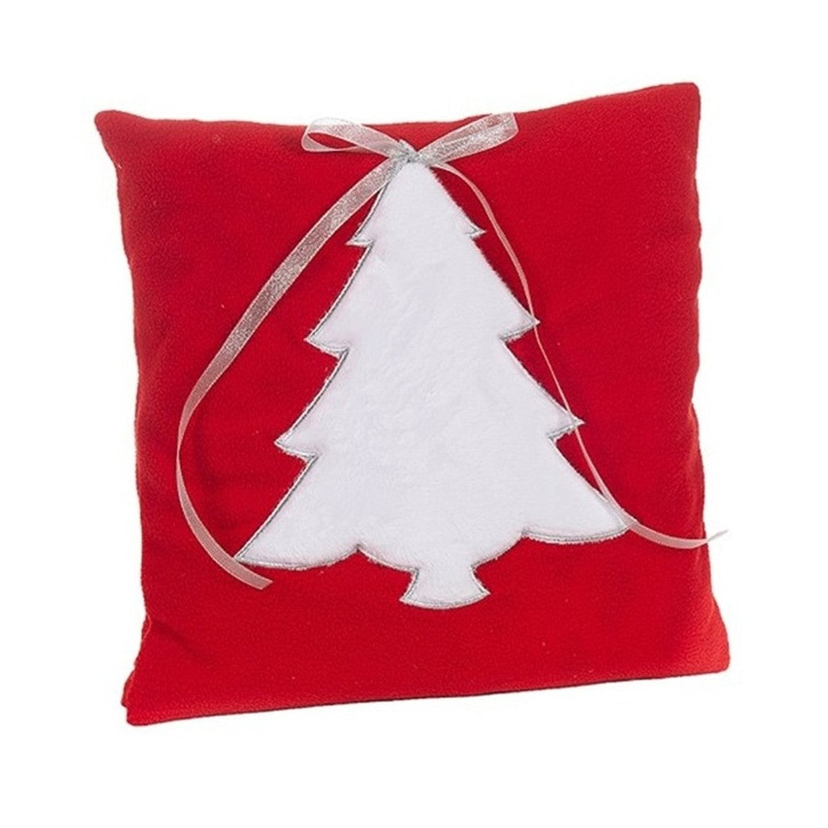 Rotes Weihnachtskissen mit weißem Tannenbaum und Schleife 40x40 cm