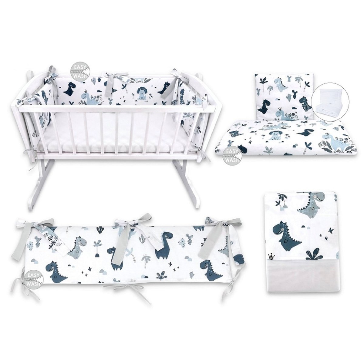 Baby Wiegenset mit Dino-Motiv, Nestchen, Bettwäsche und Baldachin in Blau