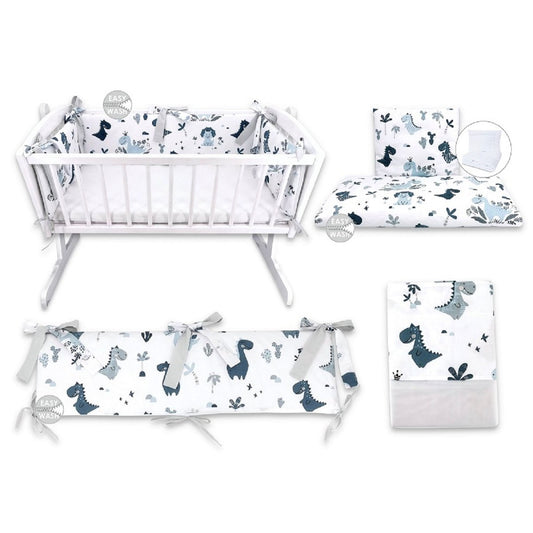 Baby Wiegenset mit Dino-Motiv, Nestchen, Bettwäsche und Baldachin in Blau