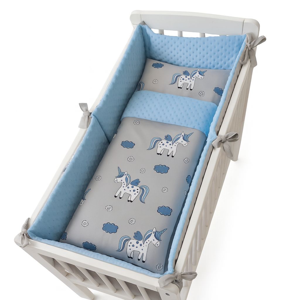 Einhorn Wiegenset 5-teilig von Babyhafen – Bettumrandung, Kissen und Decke in Blau