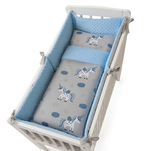 Einhorn Wiegenset 5-teilig von Babyhafen – Bettumrandung, Kissen und Decke in Blau