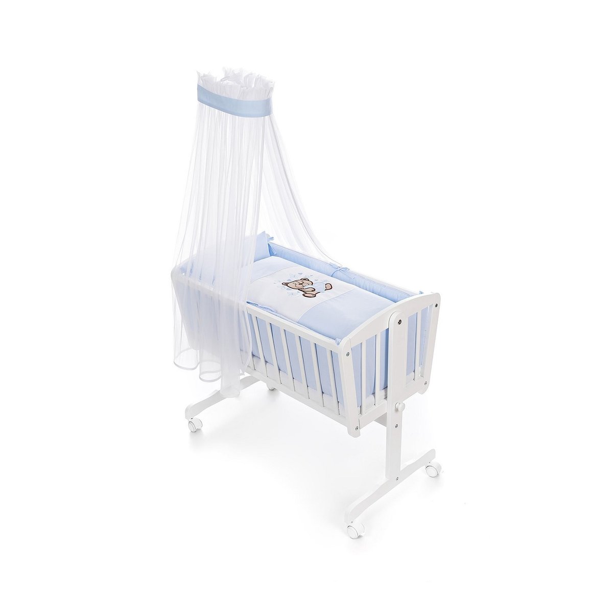 Detailansicht Wiegenset Teddy Blau mit Teddy- und Schmetterlingsmotiv