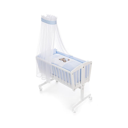 Detailansicht Wiegenset Teddy Blau mit Teddy- und Schmetterlingsmotiv