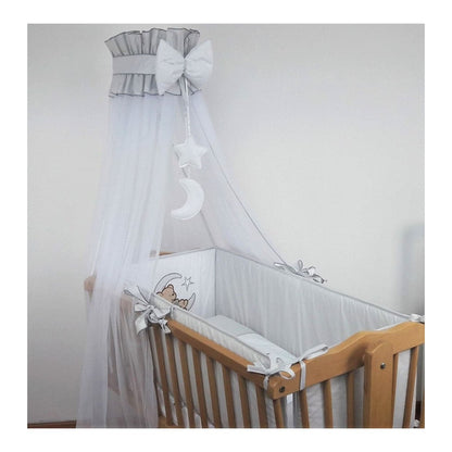 Komplettes 8-teiliges Wiegen-Set in Grau mit Bärenmotiv, Baldachin und weicher Baumwollbettwäsche – ideal für Beistellbett und Stubenwagen