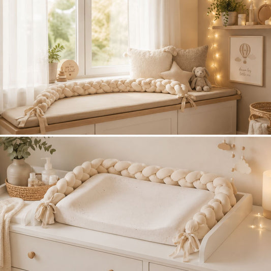 Beige Zopfschlange im skandinavischen Babyzimmer auf Fensterbank und Wickelkommode dekoriert