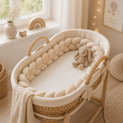 Beige Zopfschlange im Moseskorb aus Weide im gemütlichen skandinavischen Babyzimmer